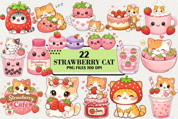 Download Kawaii Strawberry Cat Clipart Bundle - Premium Resources