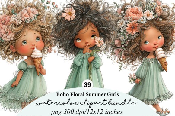 Download Boho Floral Summer Girls Clipart Bundle - Clipart bundle Collection